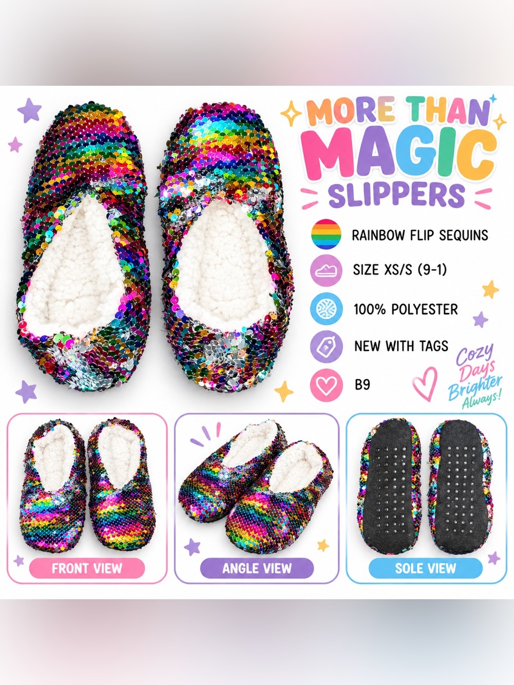 MORE THAN MAGIC FLIP SEQUIN KIDS SLIPPERS - SIZE XS/S 9-1 - (NEW WITH TAG) B9